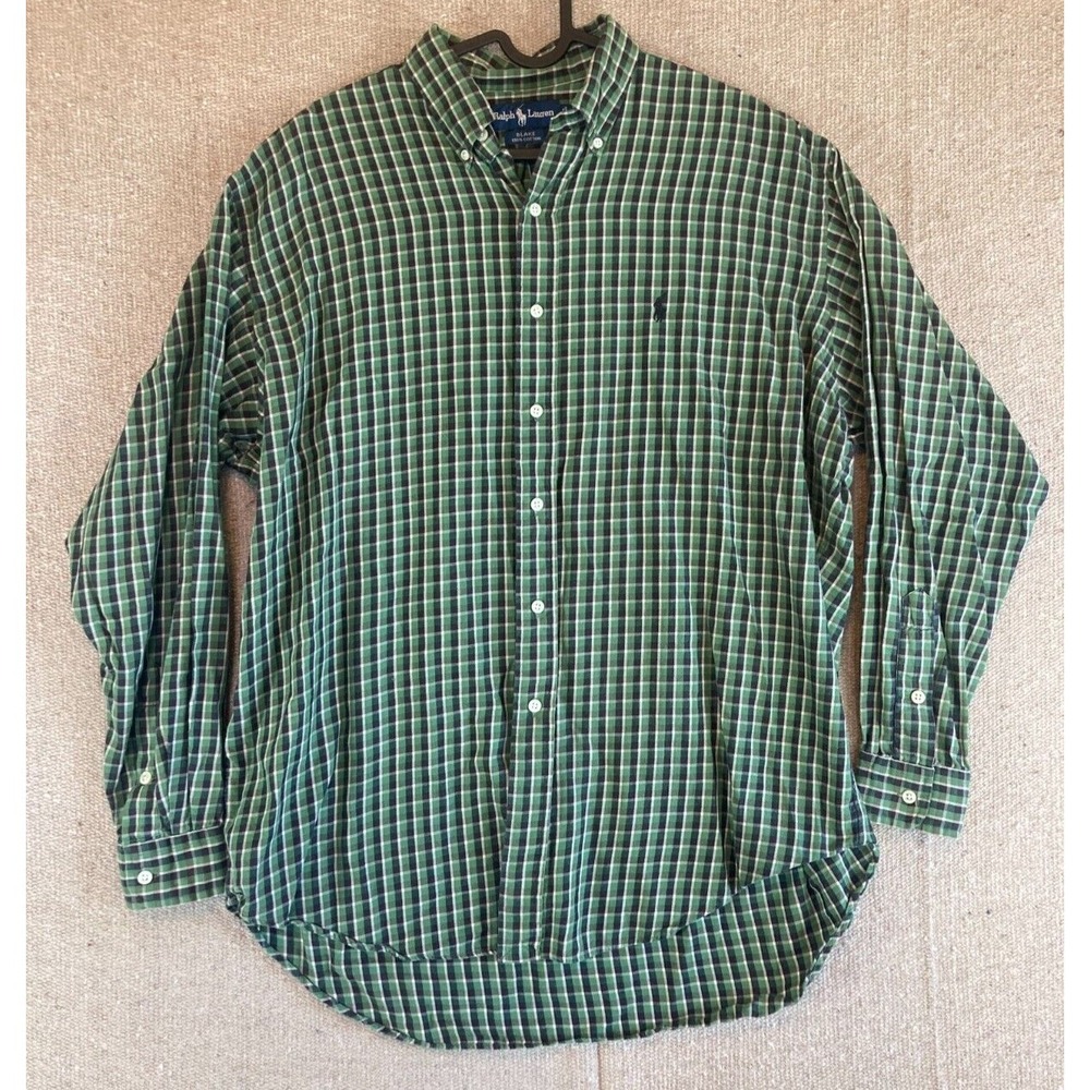 Mens Sz‎ Large Ralph Lauren Blake Green Black Checkered Long Sleeve Shirt